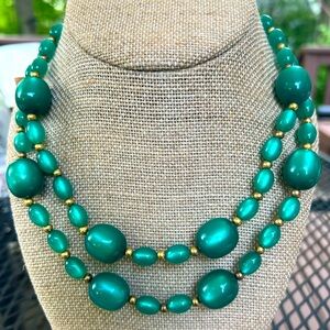 Vintage Teal Moonglow Lucite Necklace with Gold-Tone Separators, Circa 1960s